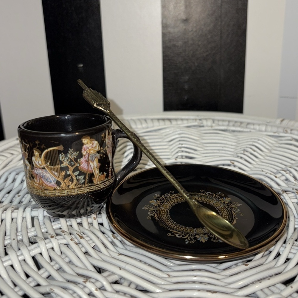 1960s Black and Gold Greek Gods Motif Mini Tea Cup /Saucer Set 24K Gold & Spoon - Picture 16 of 17